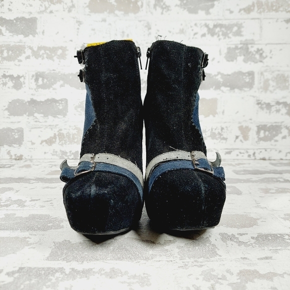 Restricted Blue & Black High Heel Patchwork Wedge Buckle Booties C623 - Picture 3 of 14